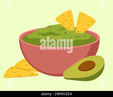 Guacamole In Der Schale Mit Avocado Und Nachos Food Vector Illustration In Flacher Ausführung Stock Vektor