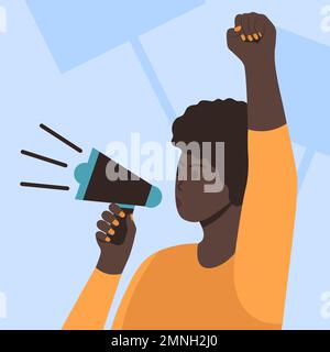 Kampf Gegen Diskriminierung, Black Lives Matter Protest, Frau Mit Lautsprecher Flat Illustration Stock Vektor