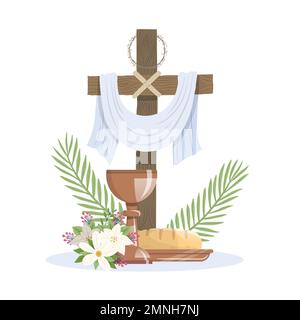 Heilige Woche. Kreuz, Dornenkrone, weißes Tuch, Palmensonntag und Maundy-Donnerstag. Vektordarstellung Stock Vektor