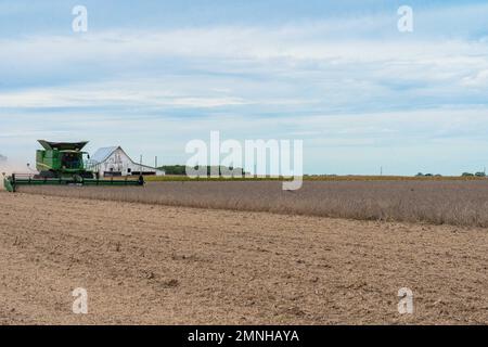 Ein Bauer, der einen John Deere S770 verwendet, um Sojabohnen auf seiner 135 Hektar großen Farm in Indiana, Kalifornien, zu ernten. September 2022 Stockfoto