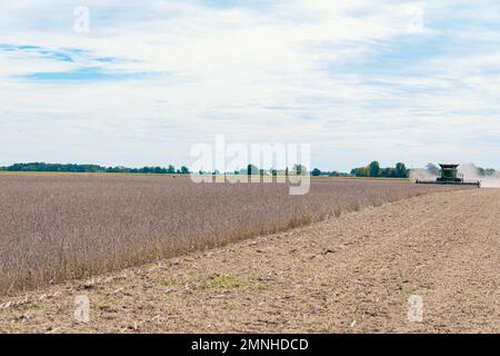 Ein Bauer, der einen John Deere S770 verwendet, um Sojabohnen auf seiner 135 Hektar großen Farm in Indiana, Kalifornien, zu ernten. September 2022 Stockfoto