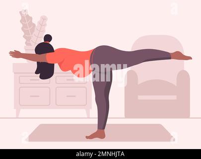 Schwangere Frau mit schwarzer Haut, die T-Pose Yoga zu Hause macht Vector Illustration in Flat Style Stock Vektor