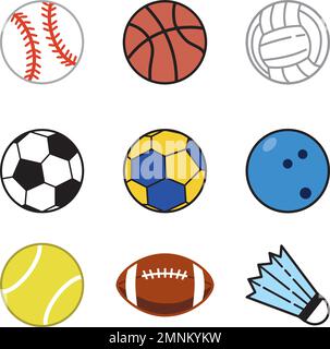 Verschiedene Sportball-Ikonensets. Sportartikel ohne Menschen. Stock Vektor
