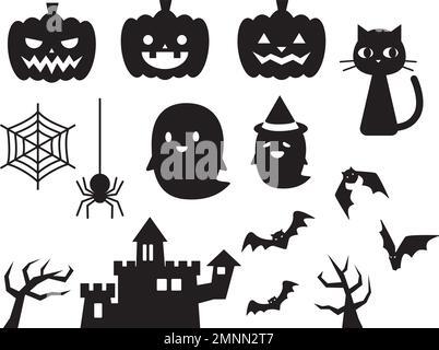 Silhouettenset für Halloween-Artikel. Jack O Lantern, Katze, Geist, Fledermaus, Spinne, Schloss usw. Stock Vektor