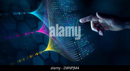 Big-Data-Technologie und Datenwissenschaft. Datenwissenschaftler, die komplexe Datensätze auf einem virtuellen Bildschirm abfragen, analysieren und visualisieren. Datenflusskonzept. Neural Stockfoto