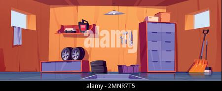 Garage- oder Werkstattinnenraum mit Reparaturwerkzeugen und Autoreifen. Leere Garage, Schuppen oder Lagerräume mit Schrank, Schneeschaufel, Besen und Werkzeugkasten auf Regal, Vektorgrafik Stock Vektor