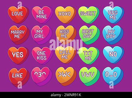 Ein Set bunter Konversationsfreuden, isoliert im Hintergrund. Zeitgenössische Darstellung herzförmiger Süßigkeiten im Retro-Stil mit romantischer Liebe, Kuss, Umarmung, Flirt-Nachrichten und Wünschen. Valentinstag Stock Vektor
