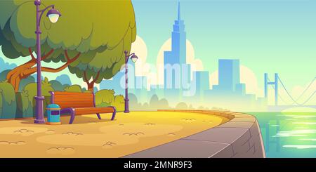 Sommerliche Stadtlandschaft mit Bänken im Park am Flussufer. Zeitgenössische Cartoon-Figur, moderne Stadtlandschaft am Flussufer mit urbanen Wolkenkratzern und Brückenhintergrund, sonniger, leerer öffentlicher Garten Stock Vektor