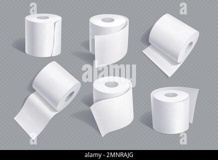 Realistisches Set von Toilettenpapiermodellen isoliert auf transparentem Hintergrund. 3D-Vektordarstellung weicher weißer Hygienepapierrollen für Badezimmer oder Toilette, verschiedene Ansichten Stock Vektor