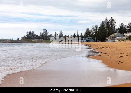 Collaroy Beach an den nördlichen Stränden von Sydney, bewölkter grauer Sommertag und Strand größtenteils leer, Sydney, NSW, Australien Stockfoto