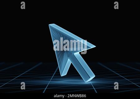 Blaues transparentes Cursorsymbol 3D, das auf schwarzem Hintergrund isoliert dargestellt wird. Abbildung des Cursorsymbols. Stockfoto