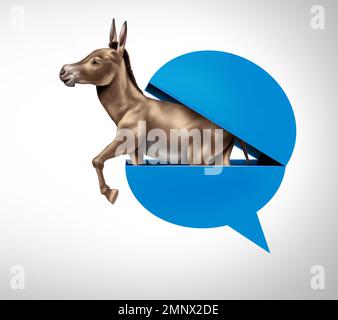 Left-Wing-Kommentar und liberales Talk-Symbol als offene blaue Sprechblase mit einem Esel, der sich als Symbol der Politik in den Vereinigten Staaten herauskristallisiert Stockfoto