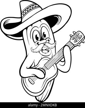 Lustiger Cinco de Mayo mexico Kaktus spielt Gitarre monochrome Vektorbilder für Ihr Arbeitslogo, Merchandise-T-Shirt, Aufkleber und Etikettendesigns Stock Vektor
