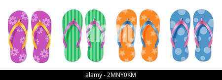 Sommer-Flipflop-Vektorset. Sommer-Flipflops mit bunten Mustern und Design für die Strandkollektion. Vektordarstellung Sommerelement. Stock Vektor