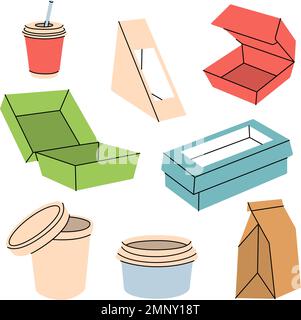 Pappkartons zum Mitnehmen. Leere Pappkartons für Essen zum Mitnehmen. Lieferbehälter aus Papier und Kunststoff Vektordarstellung. Pakete zum Mitnehmen Stock Vektor