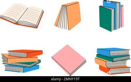Farbige Bücher. Geschlossene und offene Bücher. Stapel von Lehrbüchern für den Unterricht. Literatur, Wörterbücher, Enzyklopädien, Planer. Vektordarstellung Stock Vektor