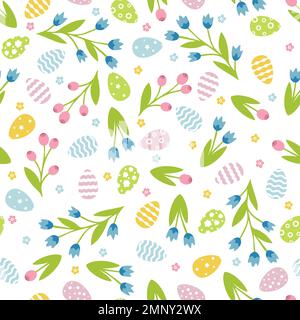 Niedliches Nahtmuster mit ostern- und Blumenelementen. Nahtloses Muster mit Eiern und einfachen Blumen Stock Vektor