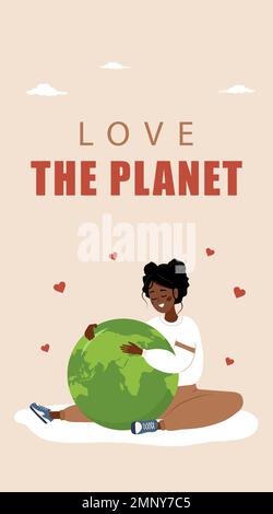 Ich liebe die Planet Stories Vorlage. Süße afrikanerin umarmt den Erdball mit Liebe und Sorgfalt. Internationaler Mutter-Erde-Tag. Banner, Broschüre und Poster Stock Vektor