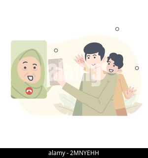ramadan-Illustration. Entschuldige dich bei Mutter, dass du nicht nach Hause auf Eid al-Fitr gehen kannst. Telekonferenz mit der Mutter während Eid al-Fitr. Stock Vektor