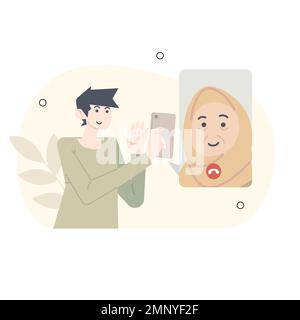 ramadan-Illustration. Entschuldige dich bei Mutter, dass du nicht nach Hause auf Eid al-Fitr gehen kannst. Telekonferenz mit der Mutter während Eid al-Fitr. Stock Vektor