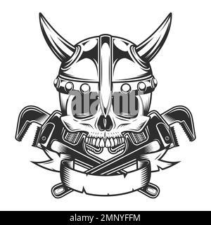 Vintage viking Schädel mit Band und Karosseriewerkstatt Reparaturwerkzeug oder Bauschlüssel für Gas und Installationsrohre Stock Vektor
