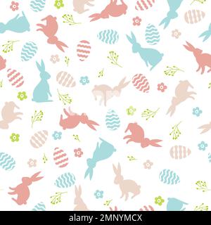 Farbenfrohes, nahtloses Muster mit dekorativen Eiern, Häschen und Blumen. Ostern-Hintergrund. Stock Vektor