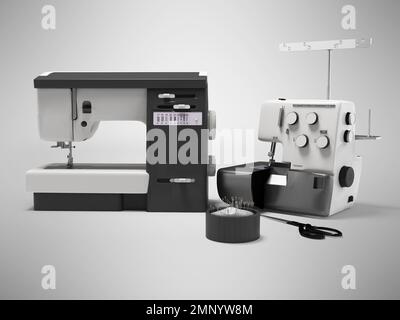 3D Abbildung des Overlock-Sets für elektrische Universal-Nähmaschine und elektrische Nähmaschine auf grauem Hintergrund mit Schirm Stockfoto