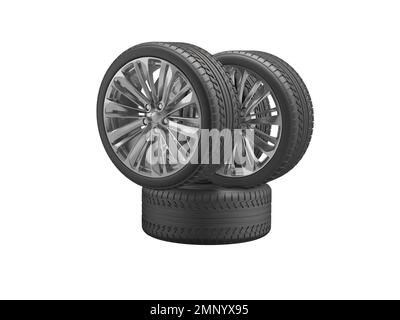 3D Abbildung Set Räder für Auto auf weißem Hintergrund ohne Schatten Stockfoto