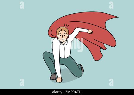 Ein motivierter Geschäftsmann im Superheldenkostüm fühlt sich mächtig und entschlossen. Lächelnder junger männlicher Mitarbeiter im Mantel, bereit für Zielerreichung und Erfolg. Vektordarstellung. Stock Vektor