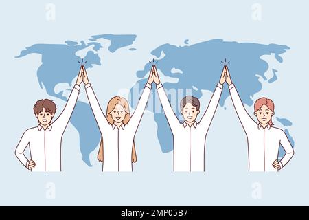Ein freundliches Team internationaler Unternehmen steht mit erhobenen Händen in der Nähe der Weltkarte und zeigt Solidarität. Männer und Frauen in weißen Hemden, die in globalen Konzernen arbeiten. Abbildung eines flachen Vektors Stock Vektor