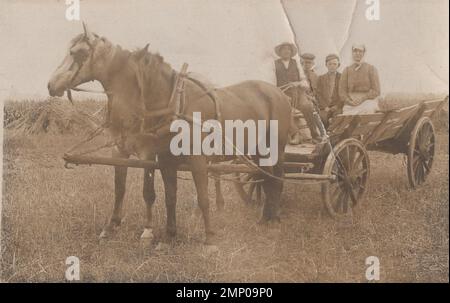 Vintage-Moment / Vintage-lustiger Moment / Vintage-Foto / Power of the Moment / magische Momente / Vintage-Bauernfamilie auf einem hölzernen Pferdewagen im 1890er. Stockfoto