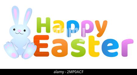 Frohe Ostergrüße mit niedlichem Cartoon-Häschen. Farbenfrohe und festliche Grafik für Karte, Poster, Banner, soziale Medien und Einladung. Vektordarstellung Stock Vektor