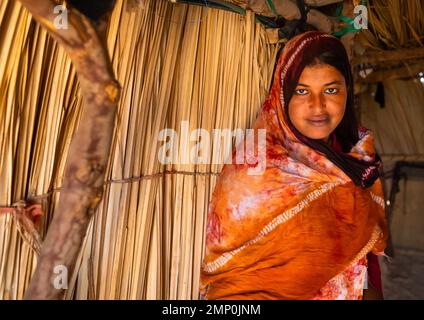 Porträt einer jungen tuareg-Frau in einem Schilfhaus, Nordafrika, Tamanrasset, Algerien Stockfoto