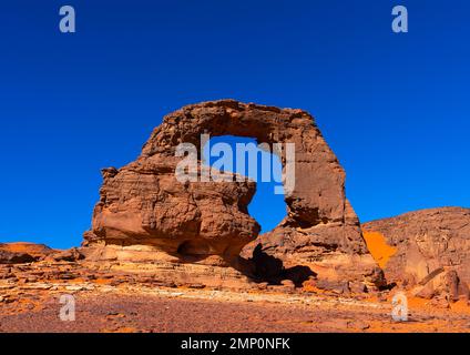 Felsformation mit afrikanischer Kontinentalform, Tassili N'Ajjer Nationalpark, Tadrart Rouge, Algerien Stockfoto