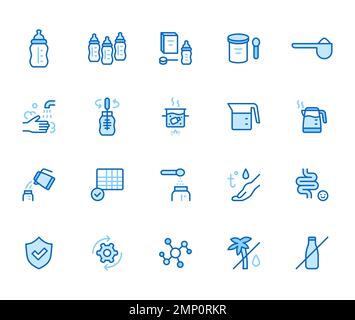 Symbol für Babynahrung eingestellt. Säuglingsnahrung - Flasche, Hände waschen, sterilisieren, Verdauung minimal Vektorgrafik. Einfaches Umrisszeichen für Pulvermilch Stock Vektor