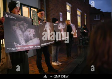 Papenburg, Deutschland. 31. Januar 2023. Demonstranten stehen vor dem örtlichen Gericht während eines Protestes des Deutschen Tierschutzamtes gegen Tierquälerei. Im Zusammenhang mit Tierschutzverstößen in einem Schweinehaltungsbetrieb in Emsland müssen sich zwei Angeklagte vor dem Bezirksgericht Papenburg verantworten. Kredit: Lars Klemmer/dpa/Alamy Live News Stockfoto