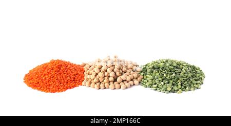 Verschiedene Arten von Hülsenfrüchten auf weißem Hintergrund. Organische Körner Stockfoto