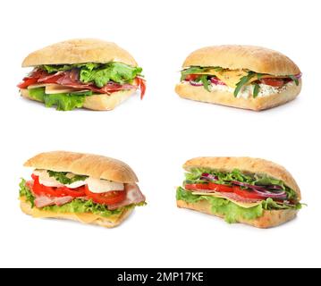 Set von leckeren Sandwiches auf weißem Hintergrund Stockfoto