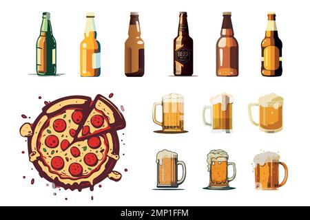 Ein Set verschiedener Biere in Flaschen und Bechern. Stock Vektor