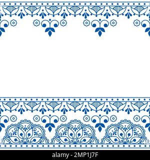 Skandinavische Grußkarte mit Vektorgrafik und nahtlosem Muster, marineblaues Retro-Design mit Blumen, inspiriert von alten Stickereien Stock Vektor