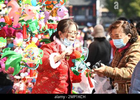 NANJING, CHINA - 31. JANUAR 2023 - Besucher wählen Lantern Festivallaternen auf dem Konfuzius Tempel Lantern Markt in Nanjing, ostchinesischer PR Jiangsu Stockfoto