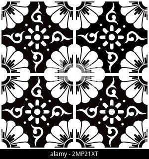 Fliesen im mexikanischen talavera-Stil nahtloses Vektormuster mit Blüten in Schwarz und Weiß, dekoratives Fliesendesign Stock Vektor