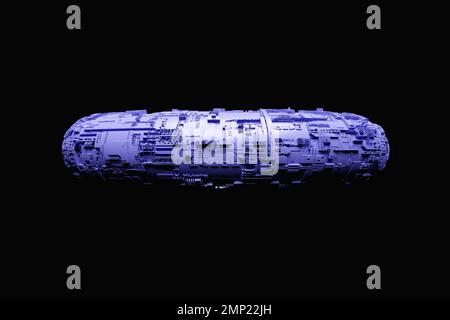 3D-Rendering abstraktes Puprle Metal rund fraktal, Portal mit Spitzen. Runde Spirale auf dunklem isoliertem Hintergrund Stockfoto