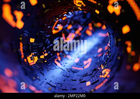 3D Abbildung eines Portals aus einem Kreis, Laufsteg. Nahaufnahme eines bunten runden Monokromtunnels. Stockfoto