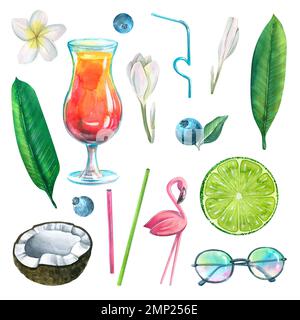 Cocktail mit Kokosnuss, Limette, Blaubeeren, tropischen Blättern, Plumeria-Blumen, Rosa Flamingos und Sonnenbrille. Aquarelldarstellung. Ein Satz isolierter Stockfoto