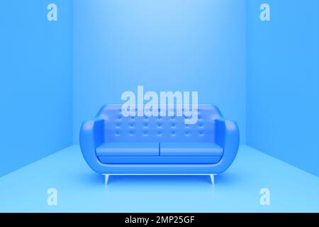 Blaues Luxury-Sofa für modernes Wohnzimmer oder Wohnzimmer mit einem Objekt im Schwarzweißzimmer, realistisches Design, 3D-Darstellung Stockfoto