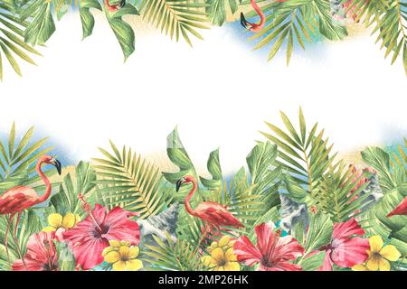 Blätter tropischer Palmen, Hibiskusblüten, Muscheln und rosa Flamingos vor dem Hintergrund des azurblauen Meeres und Himmels. Aquarelldarstellung Stockfoto