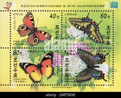 Nordkoreanisches Block mit Briefmarken mit verschiedenen Schmetterlingsarten, herausgegeben für die Weltjugendmarkenausstellung Bangkok 2000. Stockfoto