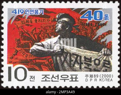 Nordkoreanische Briefmarke von 2000 zum 40. Jahrestag des Volksaufstandes vom 19. April in Südkorea. Stockfoto