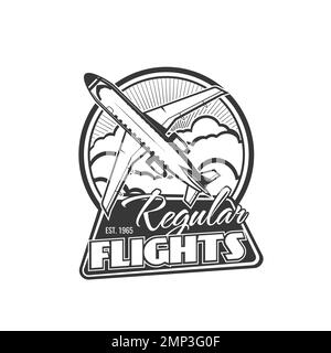 Symbol für reguläre Flüge. Fluglinienflüge Vintage-Emblem mit Passagierflugzeug in Wolken und Retro-Typografie. Flugzeugtransport und kommerzielle Flüge einfarbiges Vektorsymbol Stock Vektor